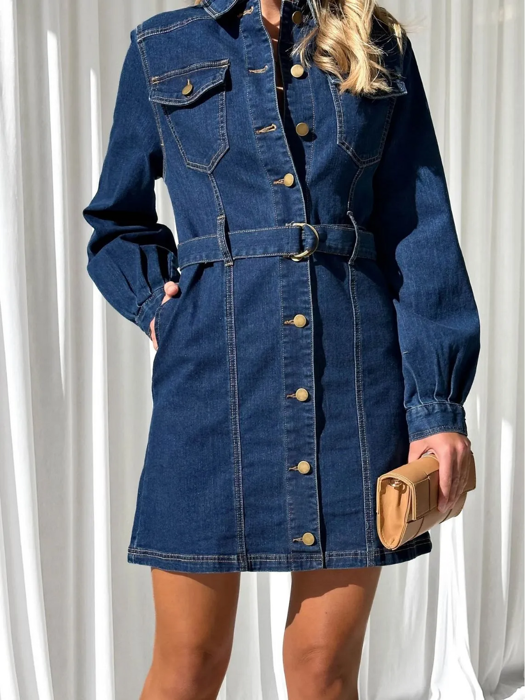 Casual Button Lace-Up Long Sleeve Denim Dress