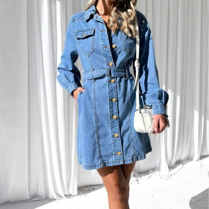 Casual Button Lace-Up Long Sleeve Denim Dress