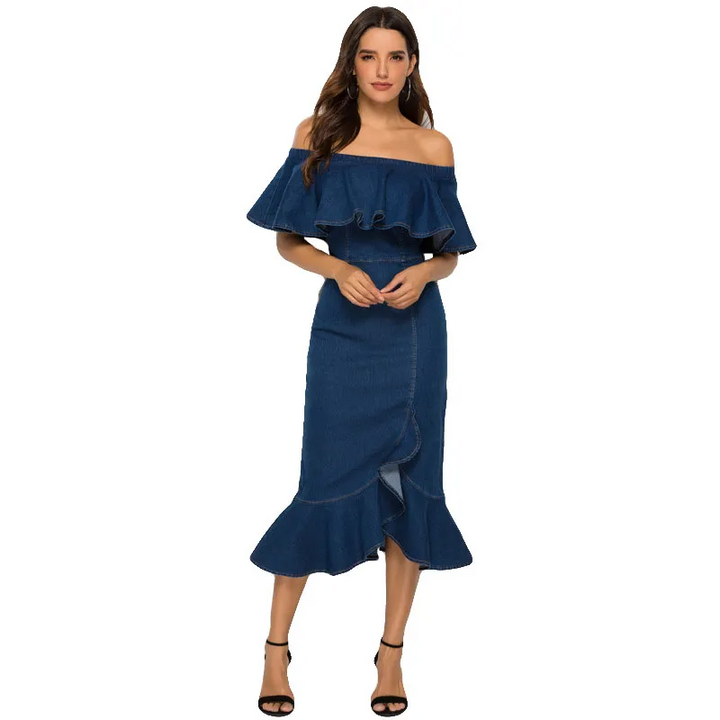 Off-the Shoulder Bodycon Denim Skirt