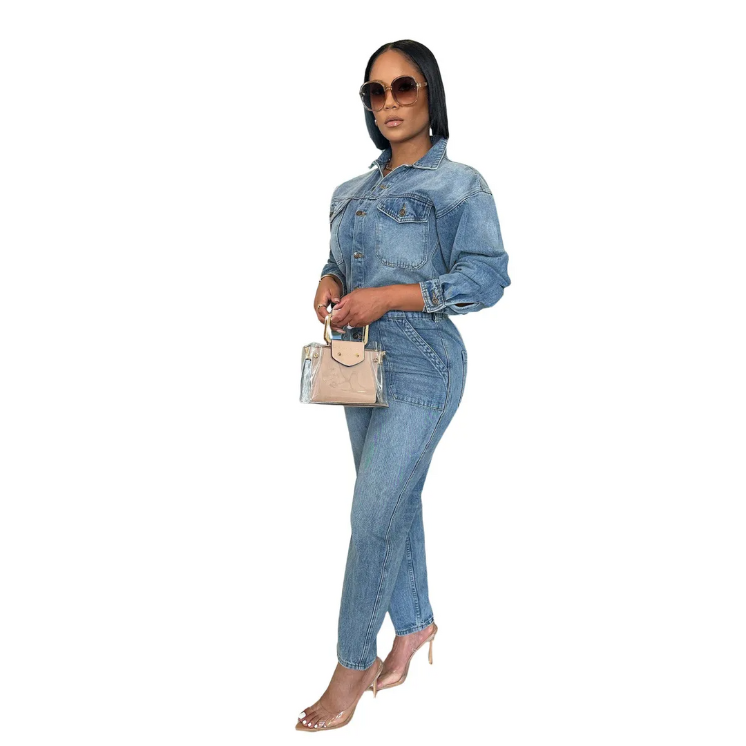 Long Sleeve Denim Jumpsuit