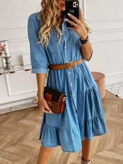 Long Sleeve Pocket Single-Breasted Ruffled Denim Dress