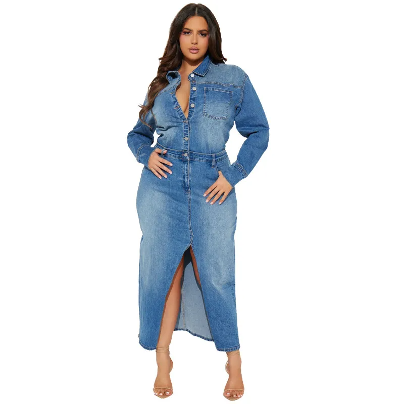 Lapel Button Long Sleeve Denim Dress