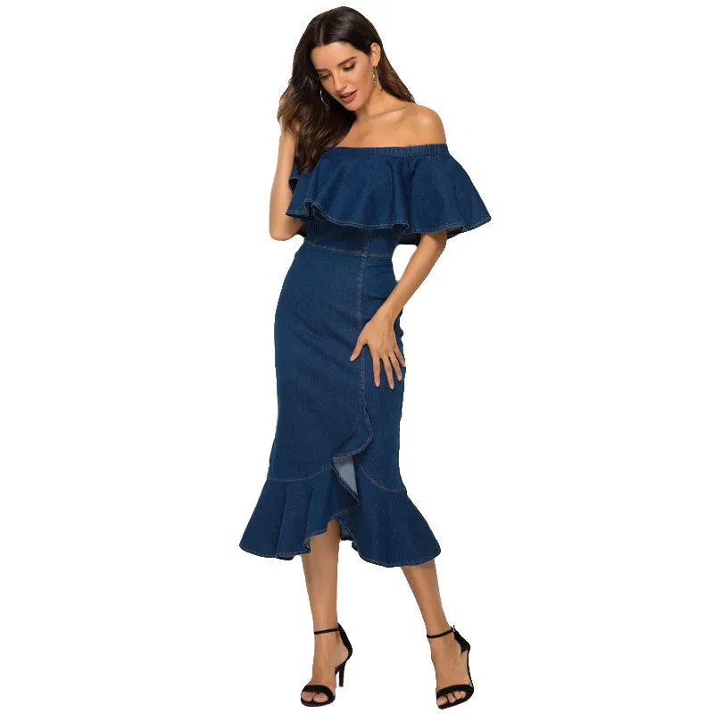 Off-the Shoulder Bodycon Denim Skirt