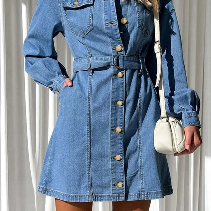 Casual Button Lace-Up Long Sleeve Denim Dress