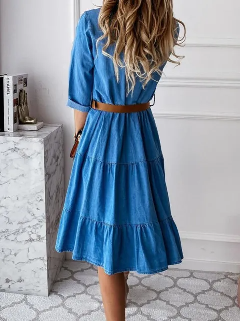 Long Sleeve Pocket Single-Breasted Ruffled Denim Dress