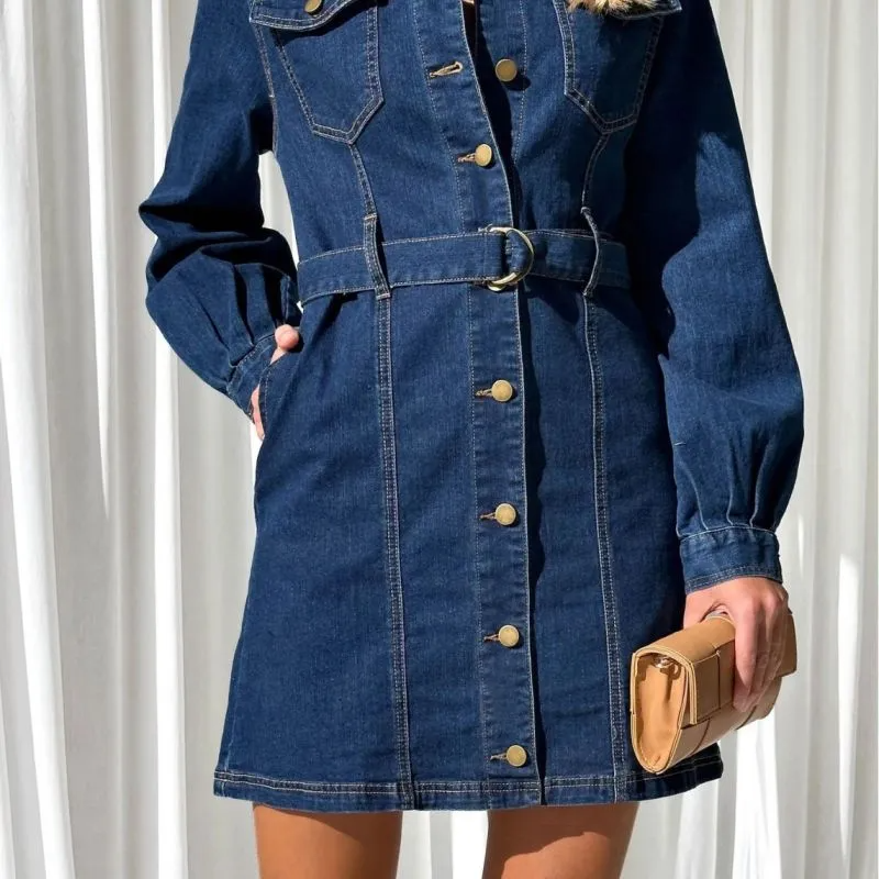 Casual Button Lace-Up Long Sleeve Denim Dress