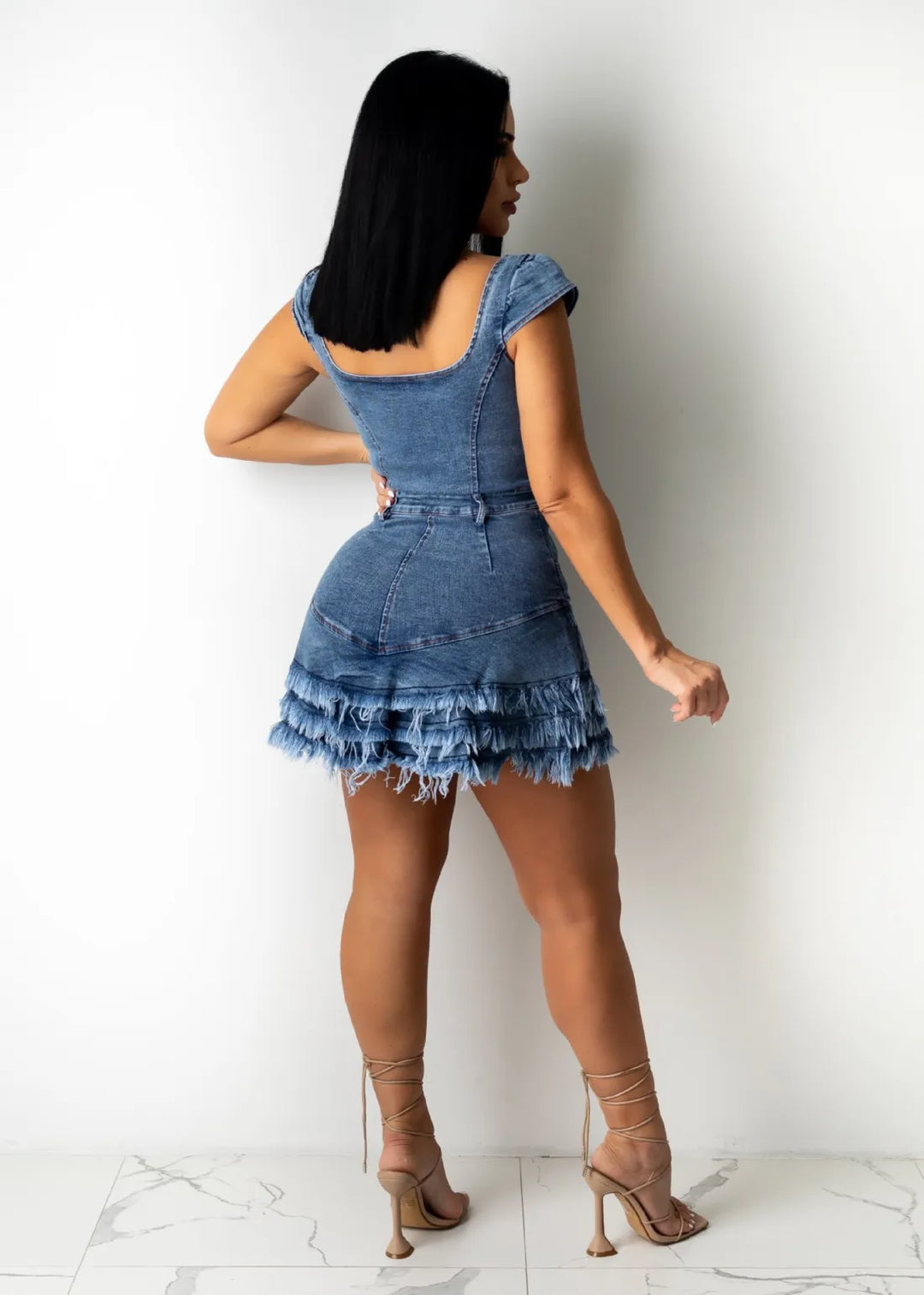 Raw Edge Fringe Denim Dress