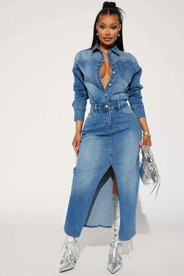 Lapel Button Long Sleeve Denim Dress