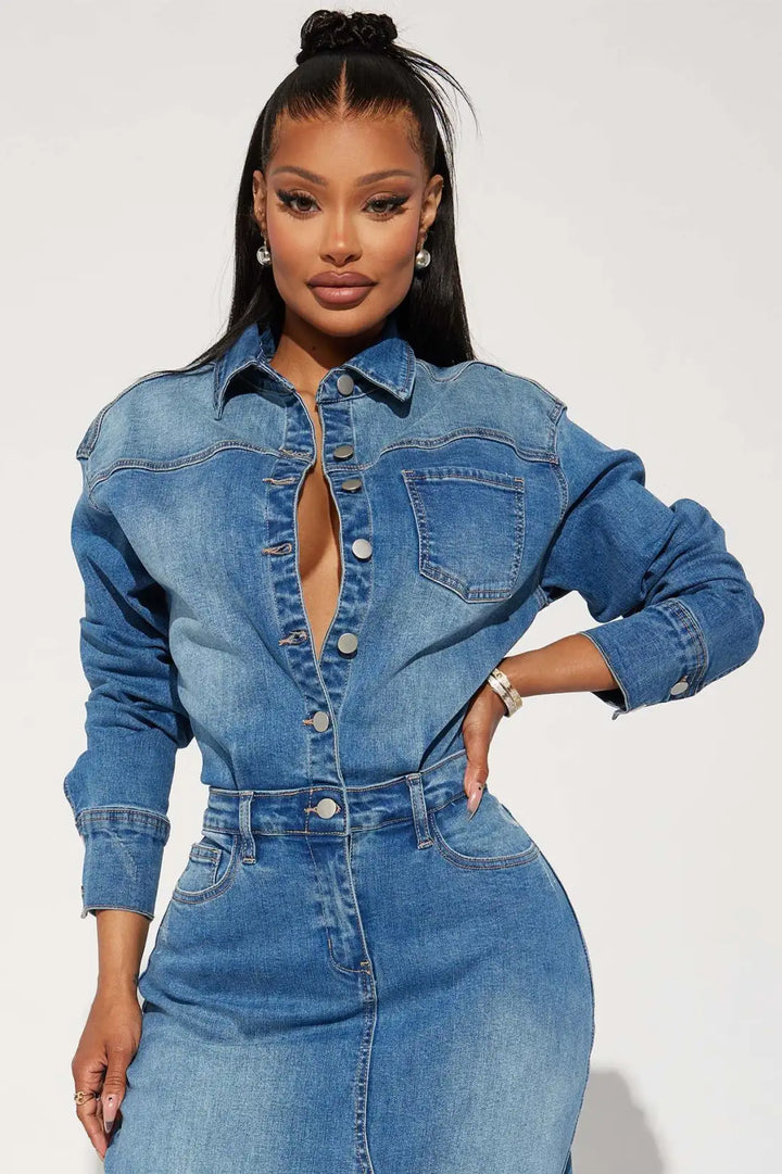 Lapel Button Long Sleeve Denim Dress