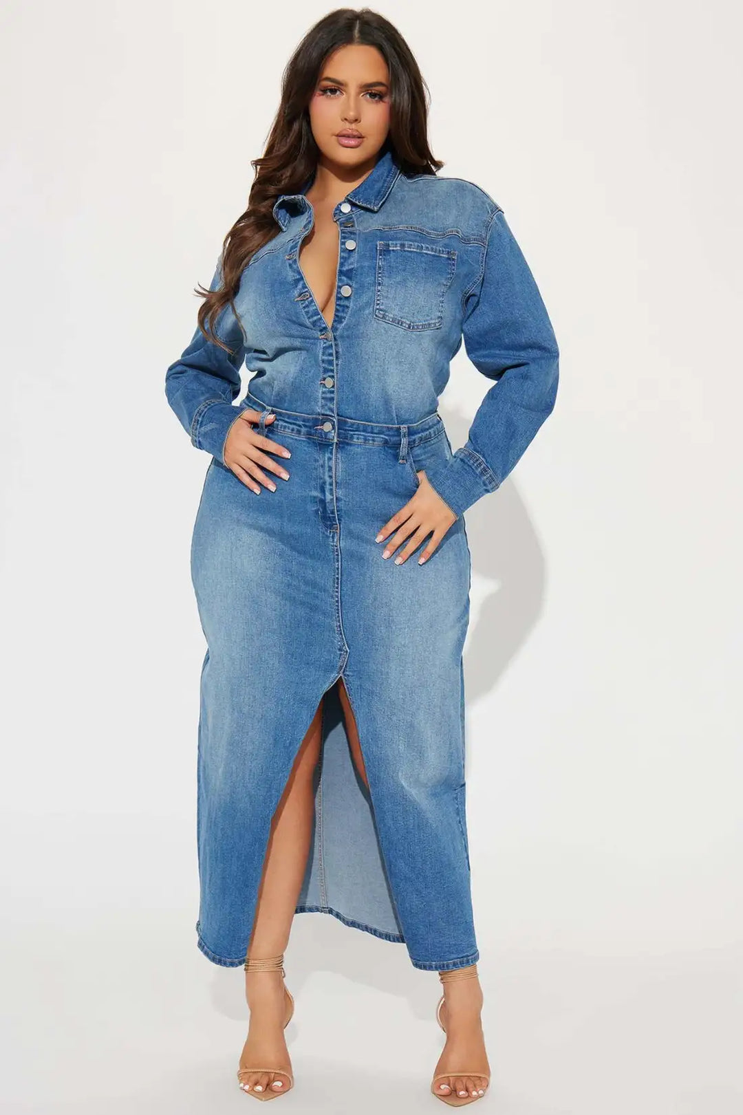 Lapel Button Long Sleeve Denim Dress