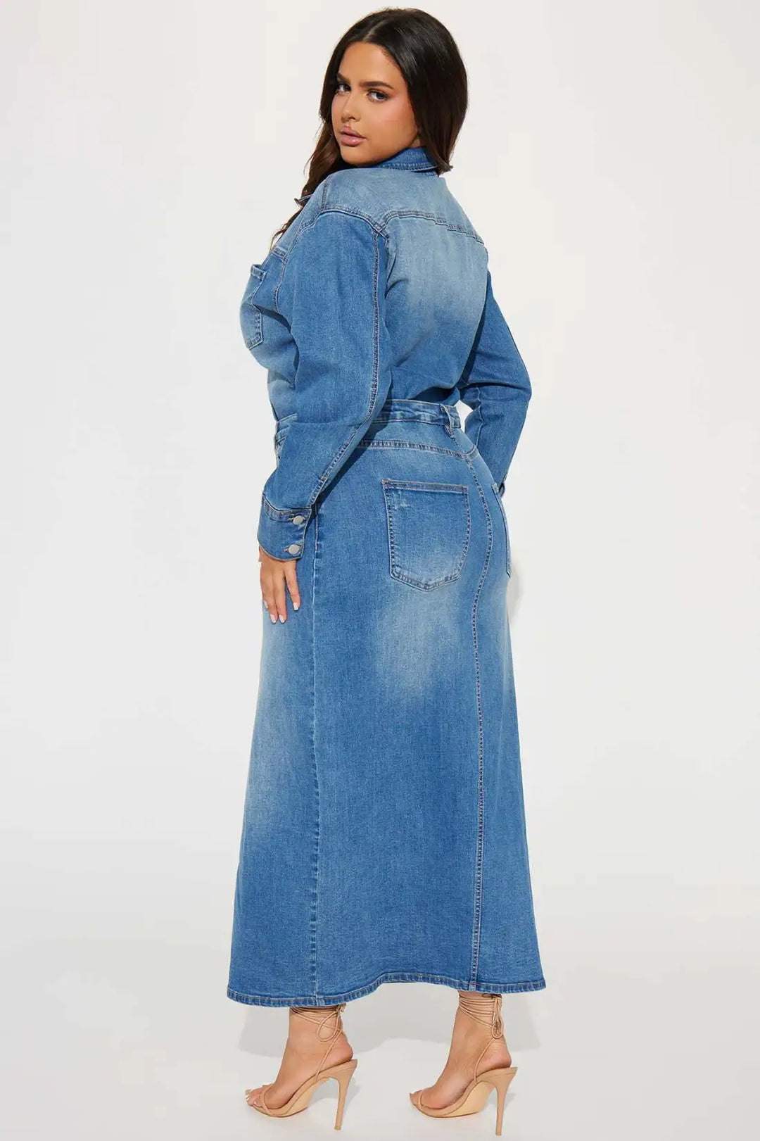 Lapel Button Long Sleeve Denim Dress