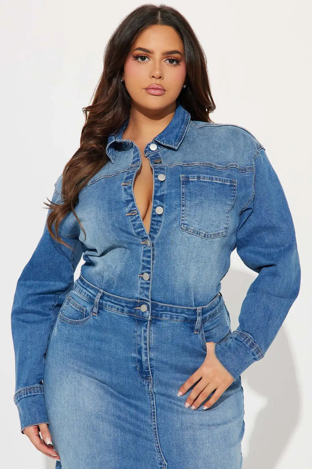 Lapel Button Long Sleeve Denim Dress