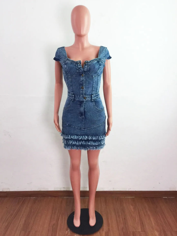 Raw Edge Fringe Denim Dress