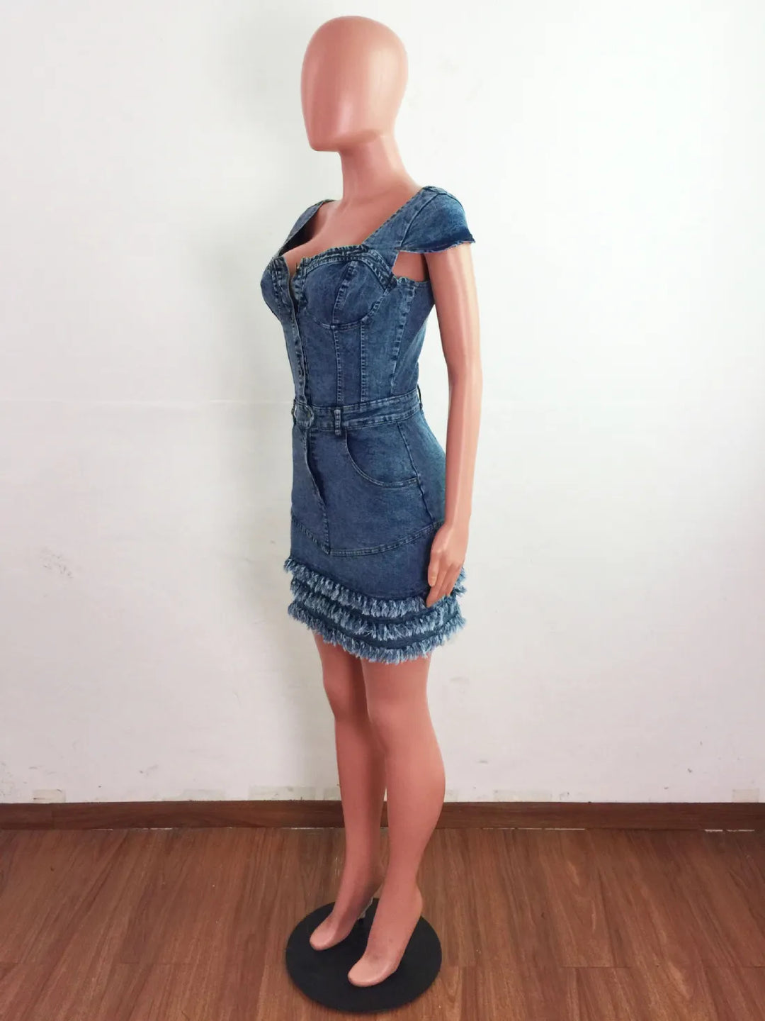 Raw Edge Fringe Denim Dress