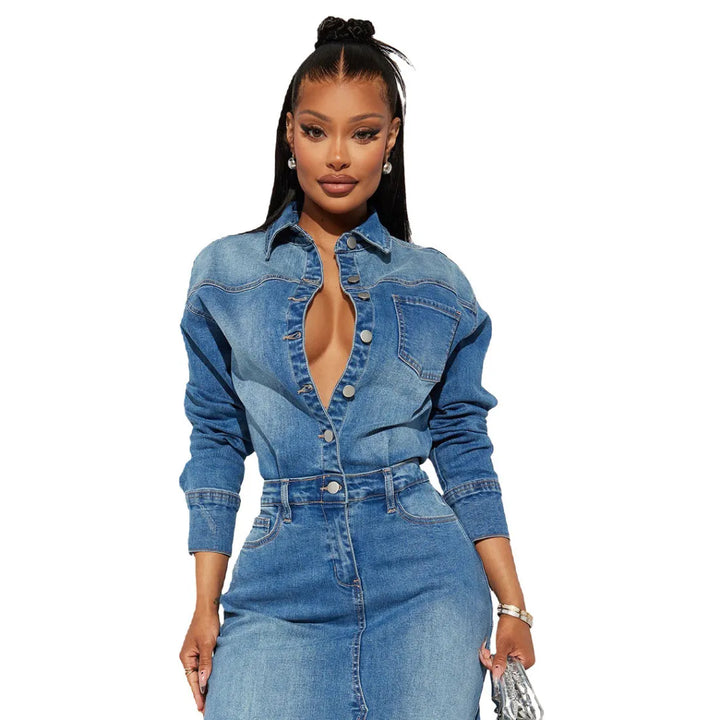 Lapel Button Long Sleeve Denim Dress